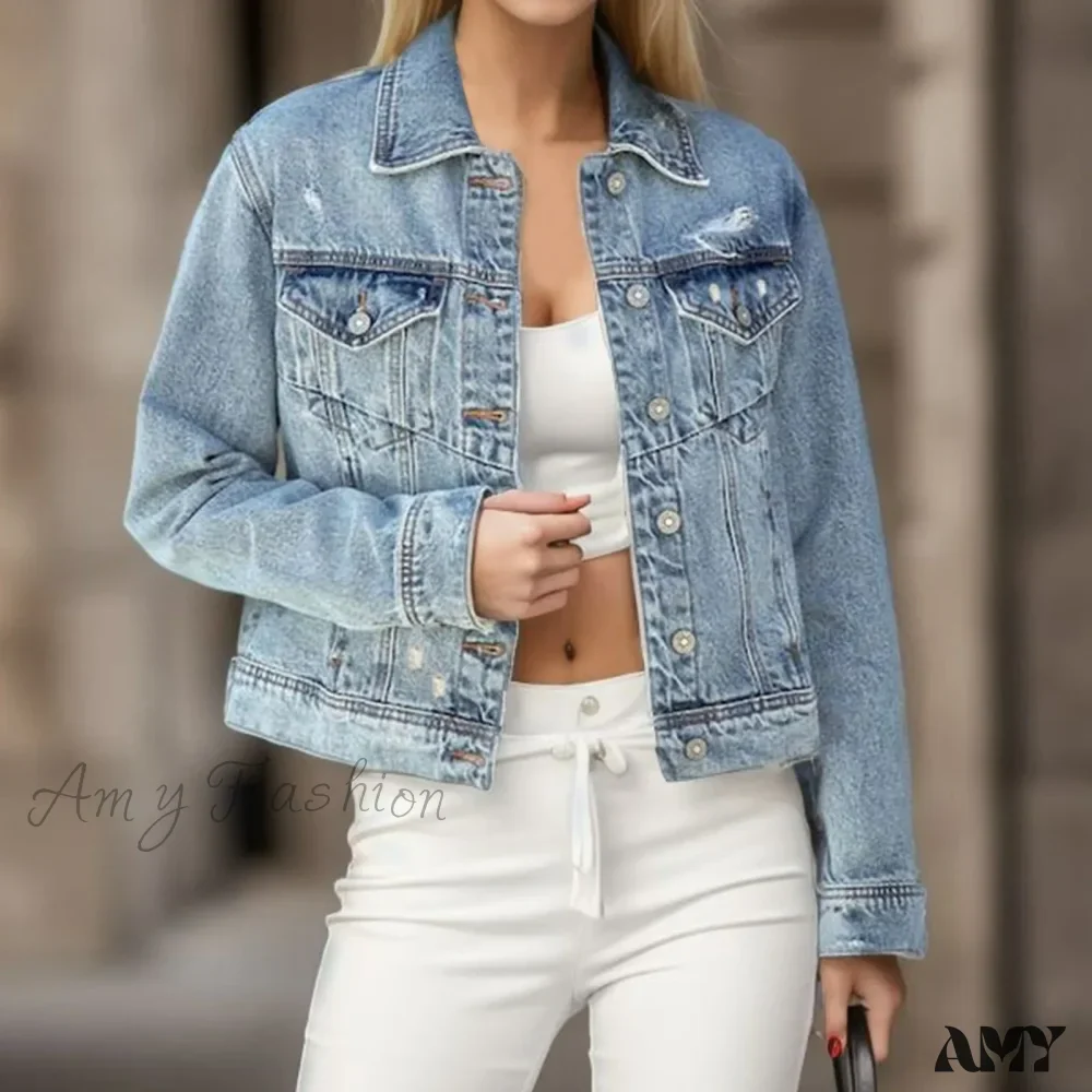Distressed Ripped Holes Fashionable Casual Water Wash Turn Down Collar Outerwear Jacket - Image 5