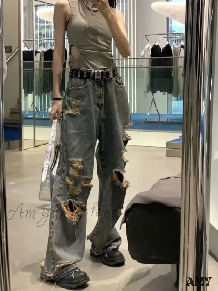 Amy Fashion - Distressed Trendy Brand Washed Vintage Versatile Trendy Wide Leg Design Inset Jean - Image 2