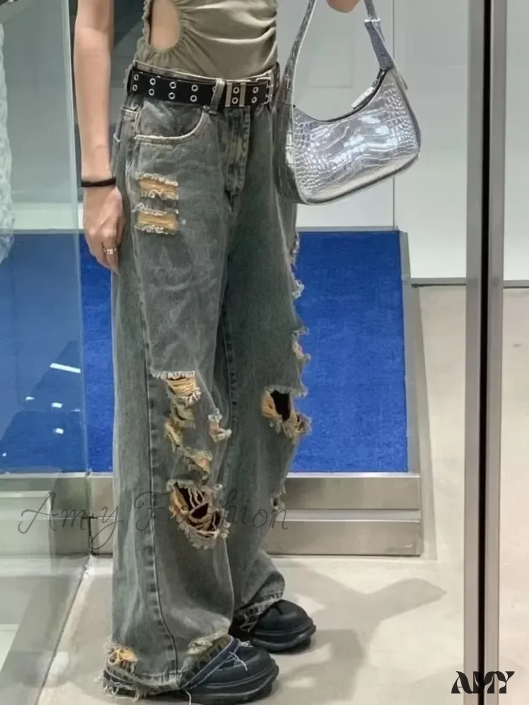 Amy Fashion - Distressed Trendy Brand Washed Vintage Versatile Trendy Wide Leg Design Inset Jean - Image 3