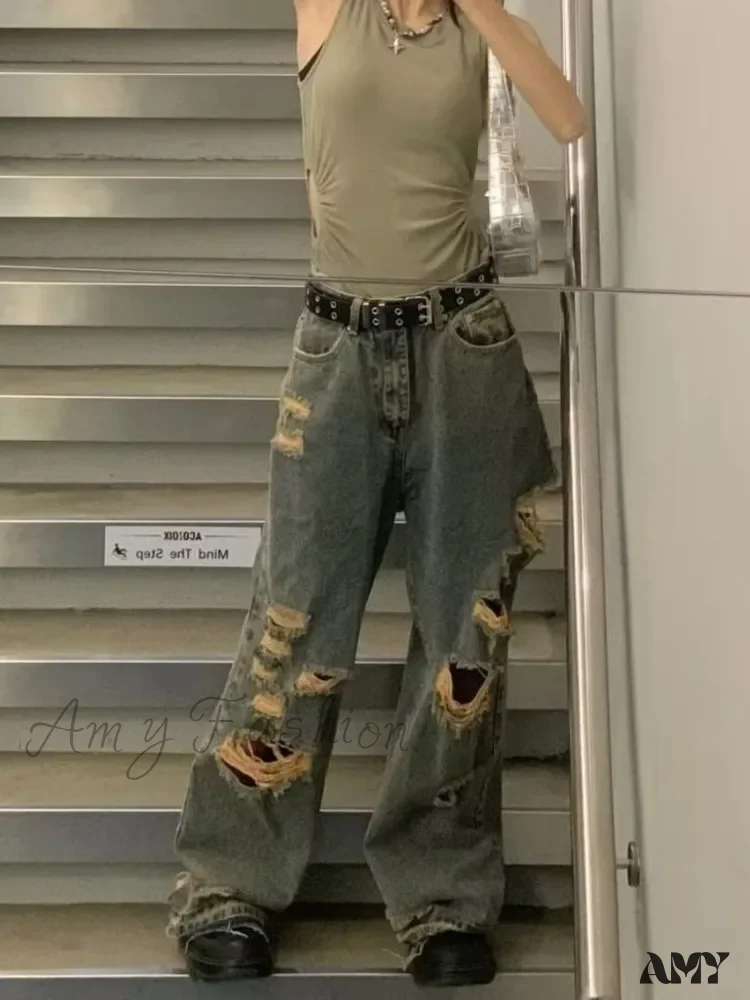 Amy Fashion - Distressed Trendy Brand Washed Vintage Versatile Trendy Wide Leg Design Inset Jean - Image 4