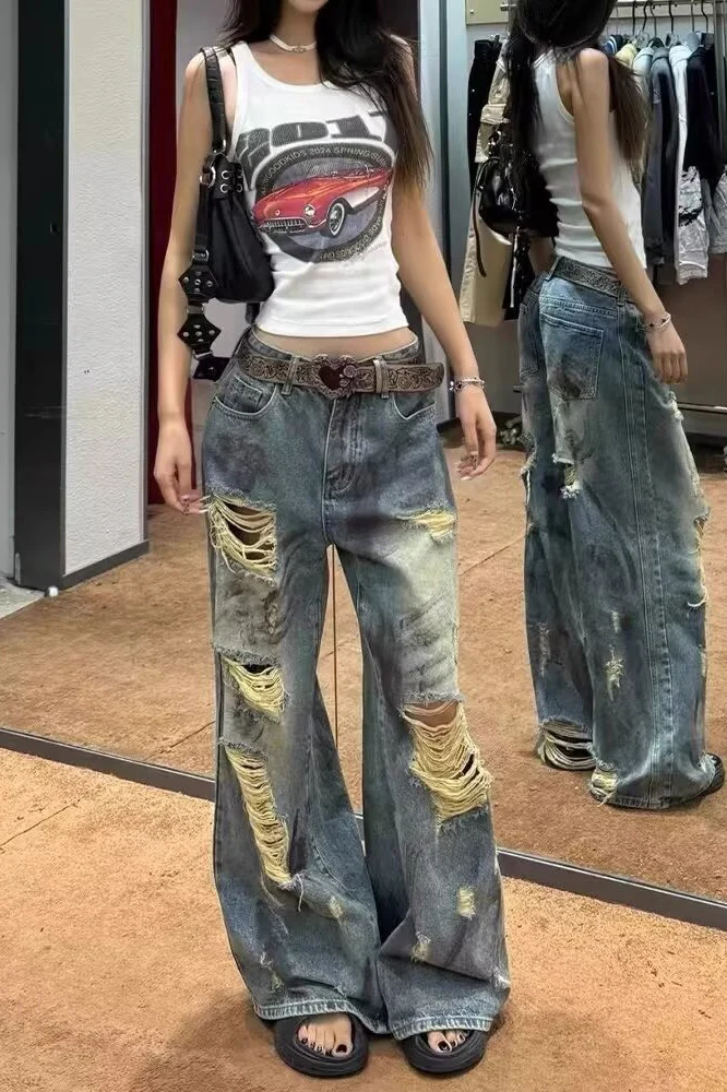 Distressed Vintage Washed Lightweight Floor Jeans - Image 2