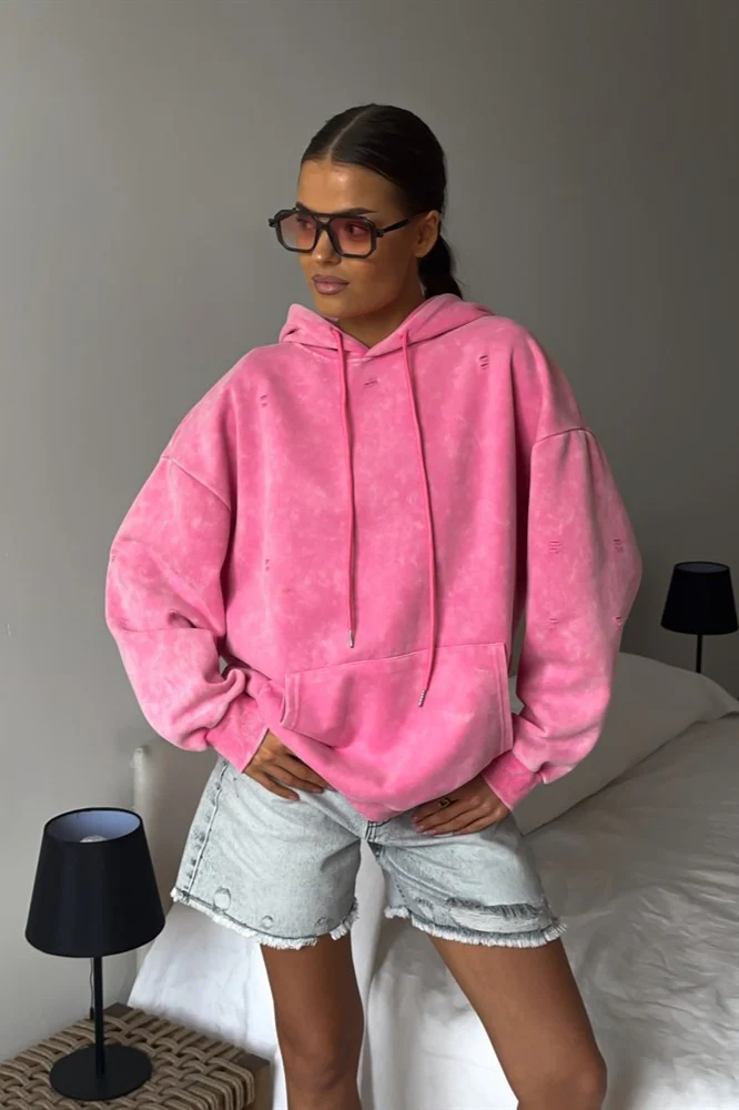 Distressed Washed Solid Cotton Hoodie