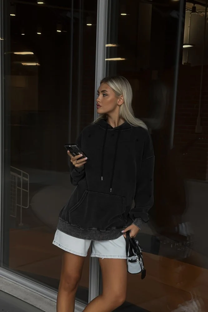 Distressed Washed Solid Cotton Hoodie - Image 10