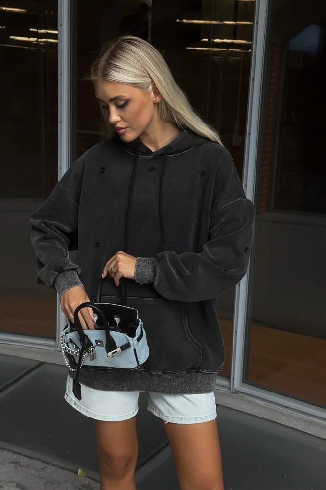 Distressed Washed Solid Cotton Hoodie - Image 12