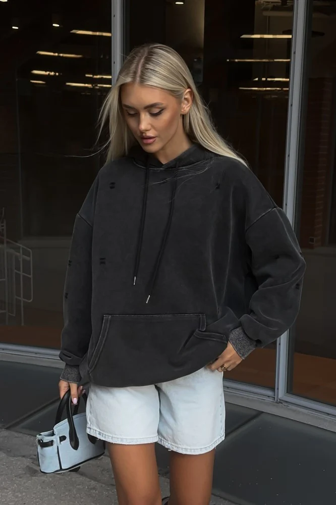 Distressed Washed Solid Cotton Hoodie - Image 13