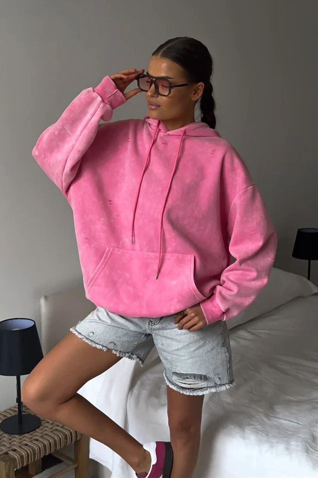 Distressed Washed Solid Cotton Hoodie - Image 2