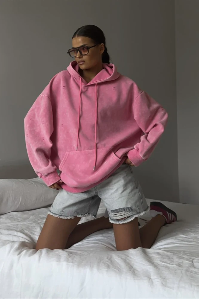 Distressed Washed Solid Cotton Hoodie - Image 3