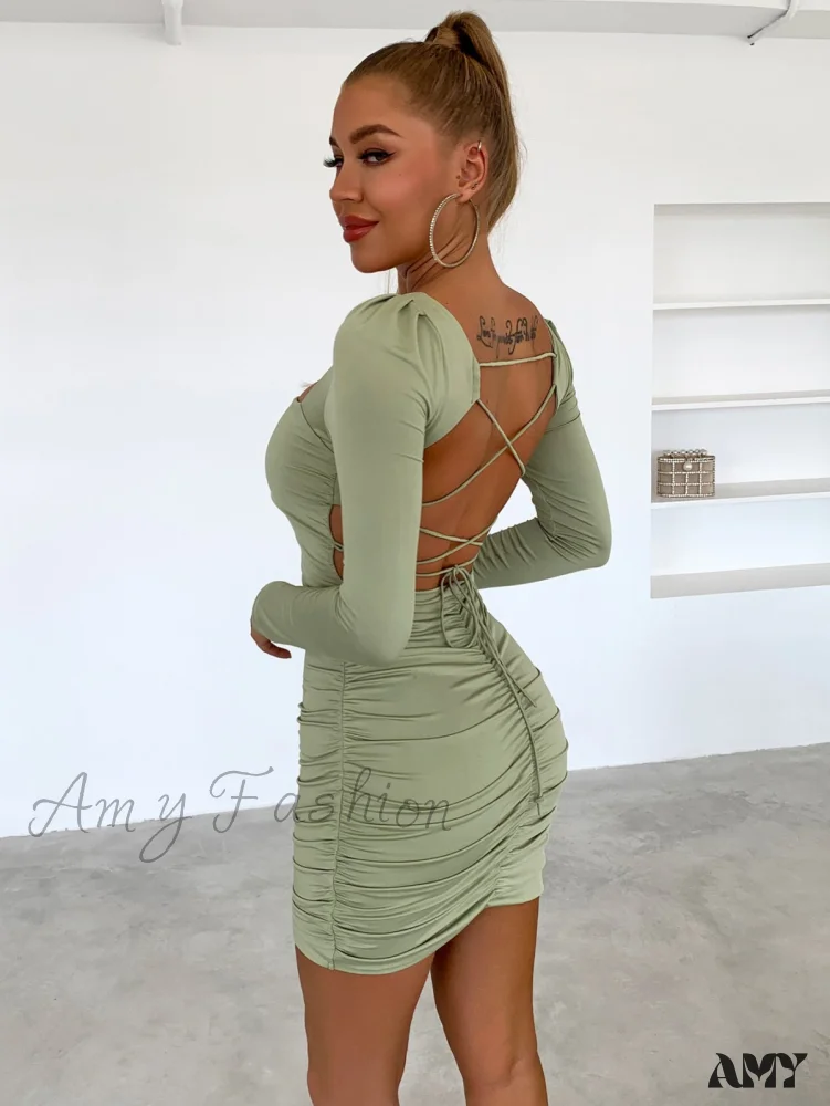Amy Fashion - Sexy Long Sleeve Square Neck Bodycon Dress - Image 2