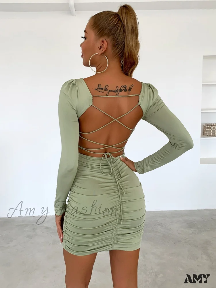 Amy Fashion - Sexy Long Sleeve Square Neck Bodycon Dress - Image 3