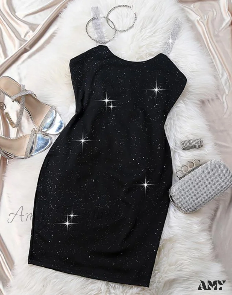 Amy Fashion - Rhinestone Strap Glitter Thick Strap U-Neck Skinny Midi Party Dress - Image 4