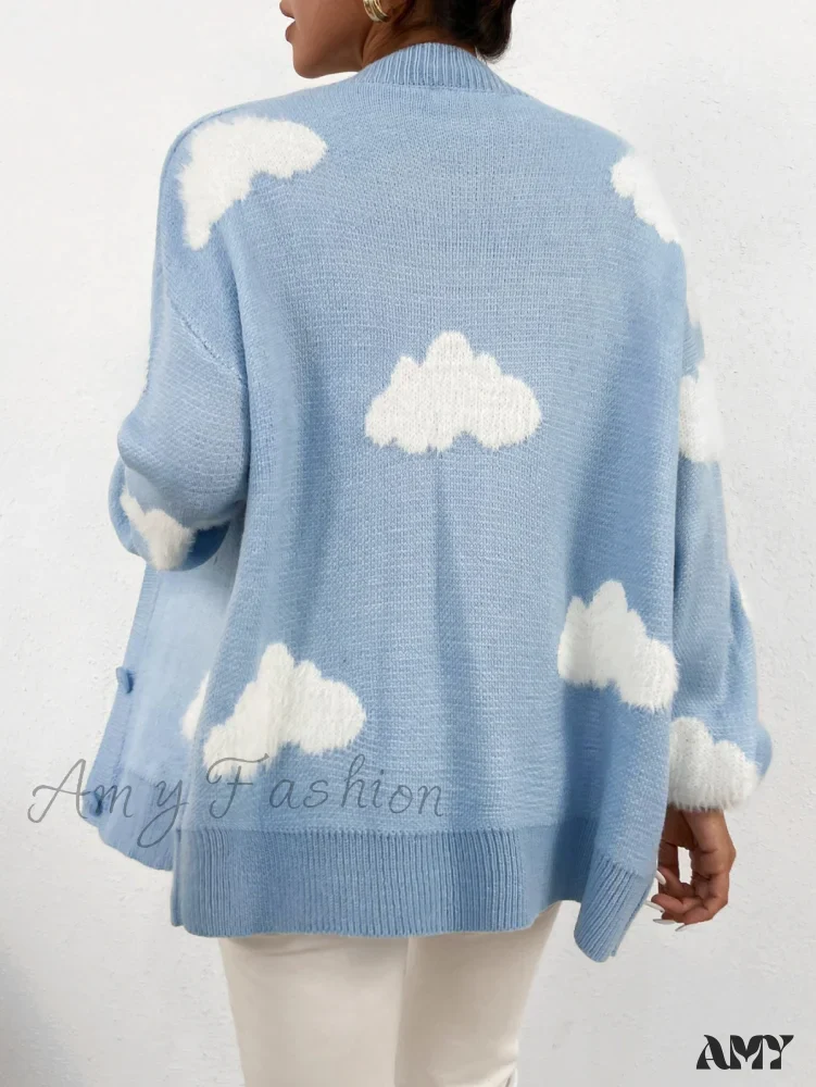 Amy Fashion - Drop Shoulder Cloud Pattern Cardigan - Image 2