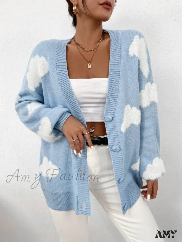 Amy Fashion - Drop Shoulder Cloud Pattern Cardigan - Image 4