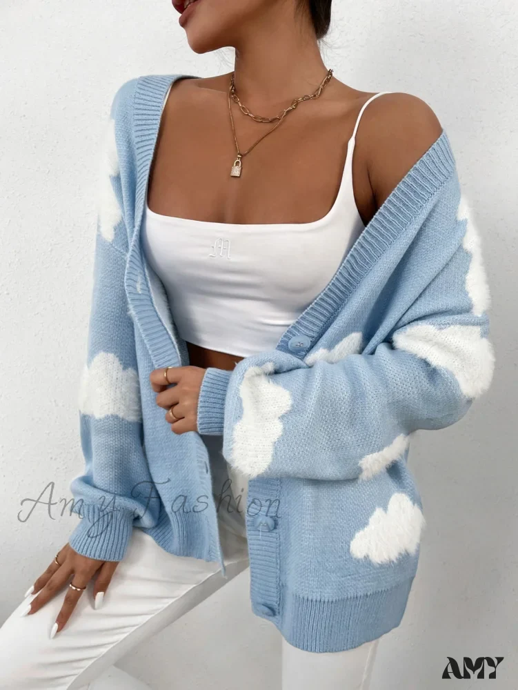 Amy Fashion - Drop Shoulder Cloud Pattern Cardigan - Image 5