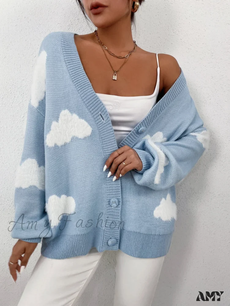 Amy Fashion - Drop Shoulder Cloud Pattern Cardigan - Image 6