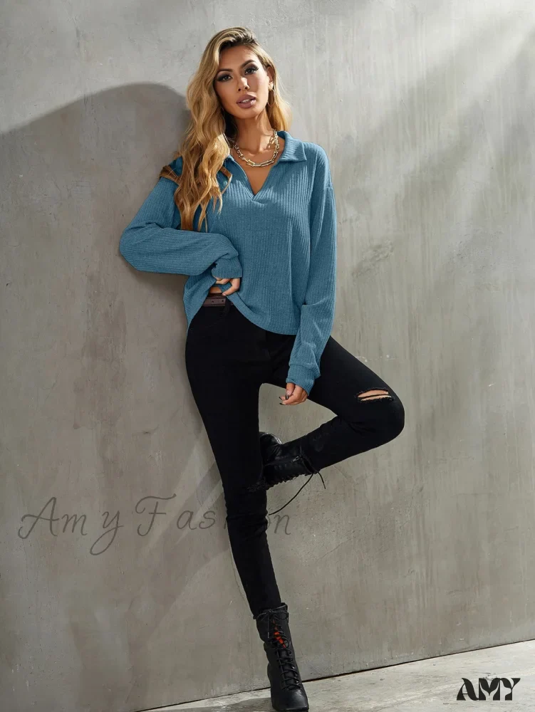 Amy Fashion - Drop Shoulder Rib-knit Tee - Image 4
