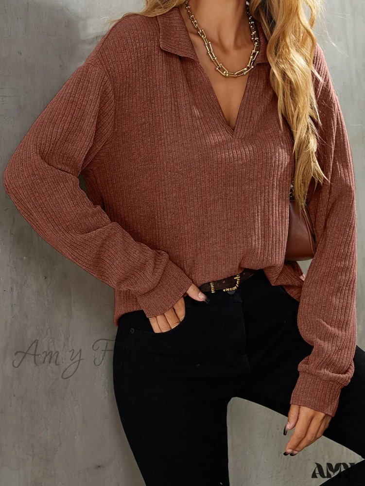 Amy Fashion - Drop Shoulder Rib-knit Tee - Image 8