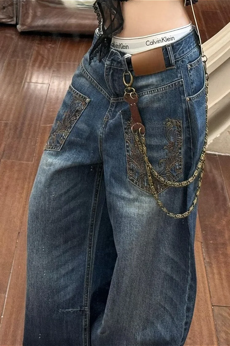 Edgy Deconstructed Embroidered Wide Leg Jeans - Image 2