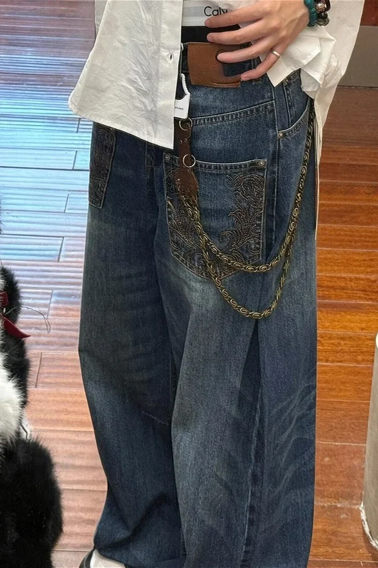 Edgy Deconstructed Embroidered Wide Leg Jeans - Image 3