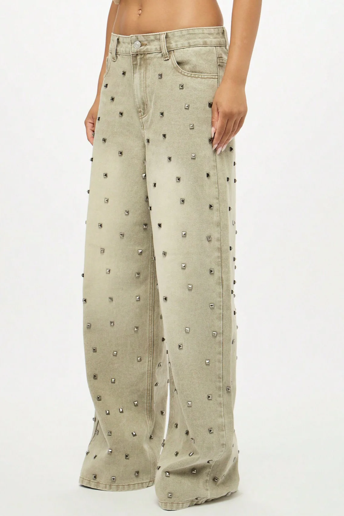 Edgy Retro Metal Bead Full-Diamond Low-Rise Straight Jeans - Image 2