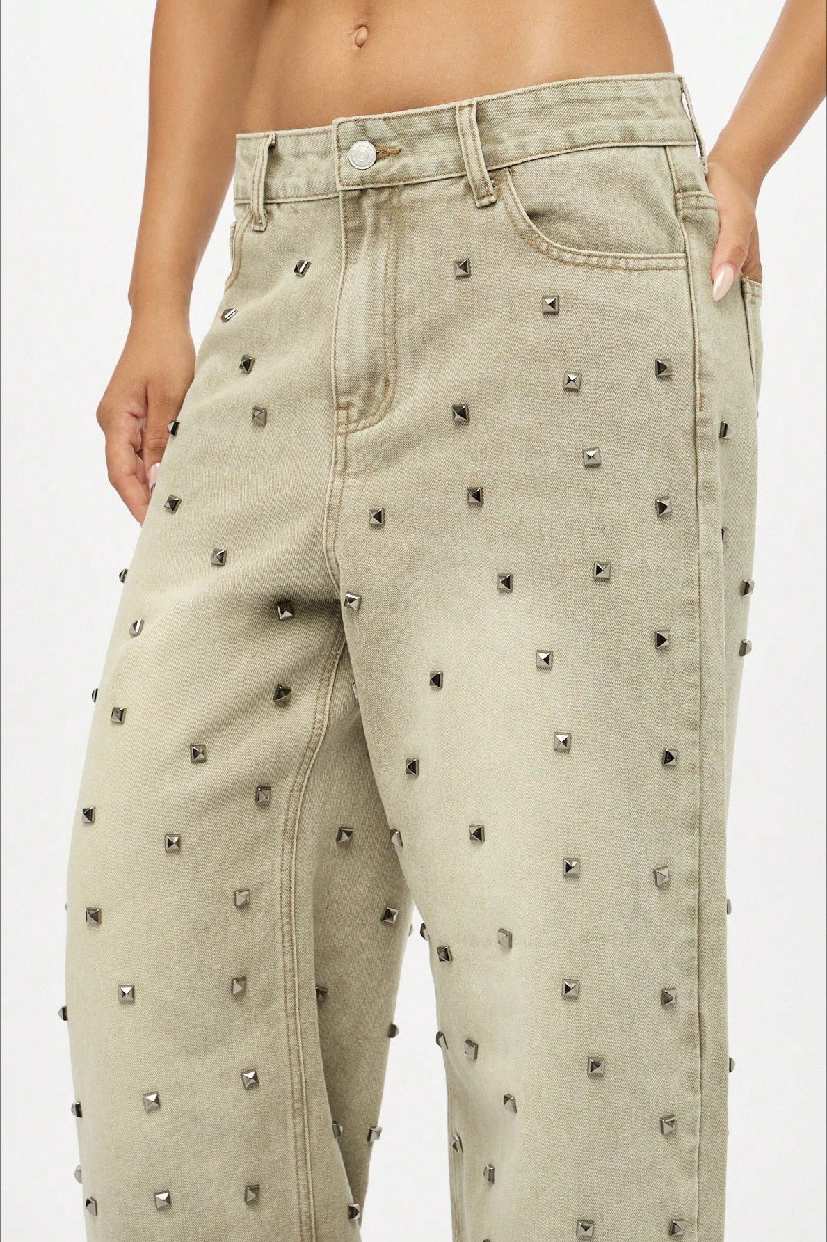 Edgy Retro Metal Bead Full-Diamond Low-Rise Straight Jeans - Image 4