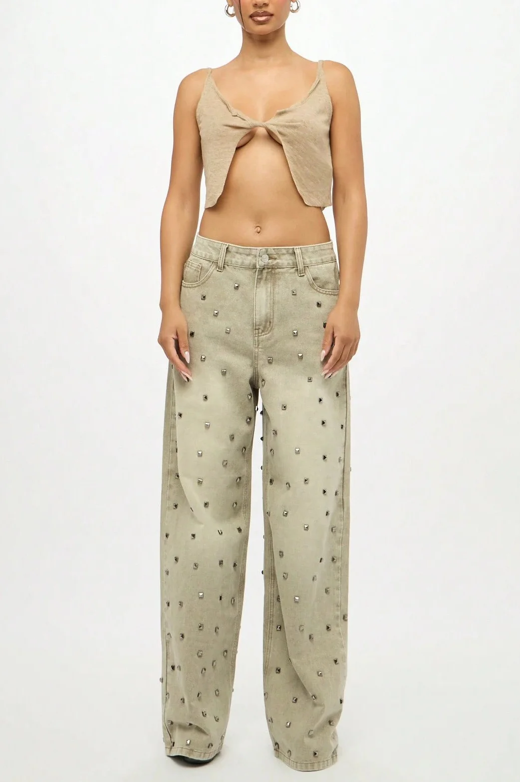 Edgy Retro Metal Bead Full-Diamond Low-Rise Straight Jeans - Image 5