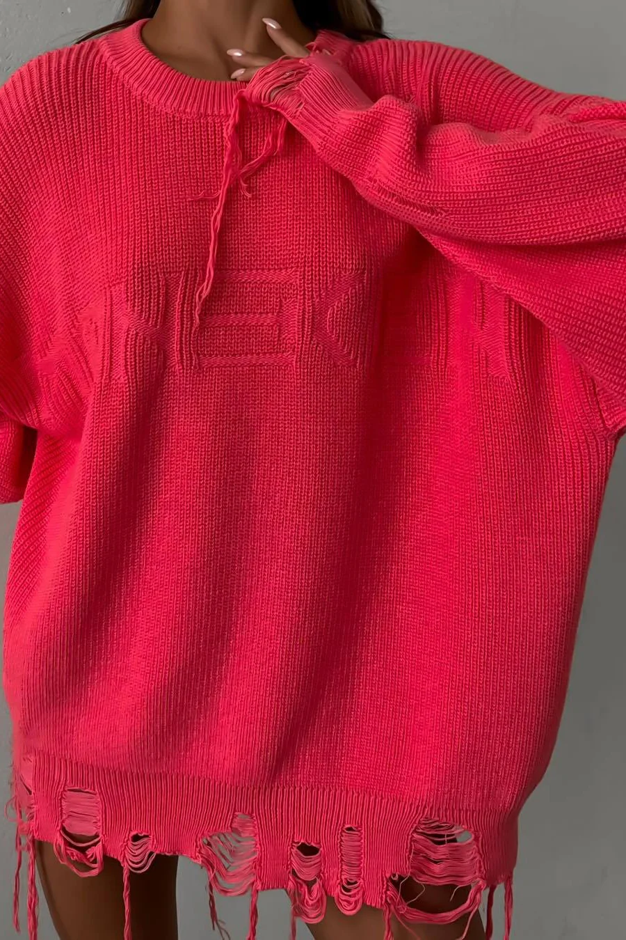 Edgy Ripped Grunge Crew Neck Casual Knit Sweater - Image 2