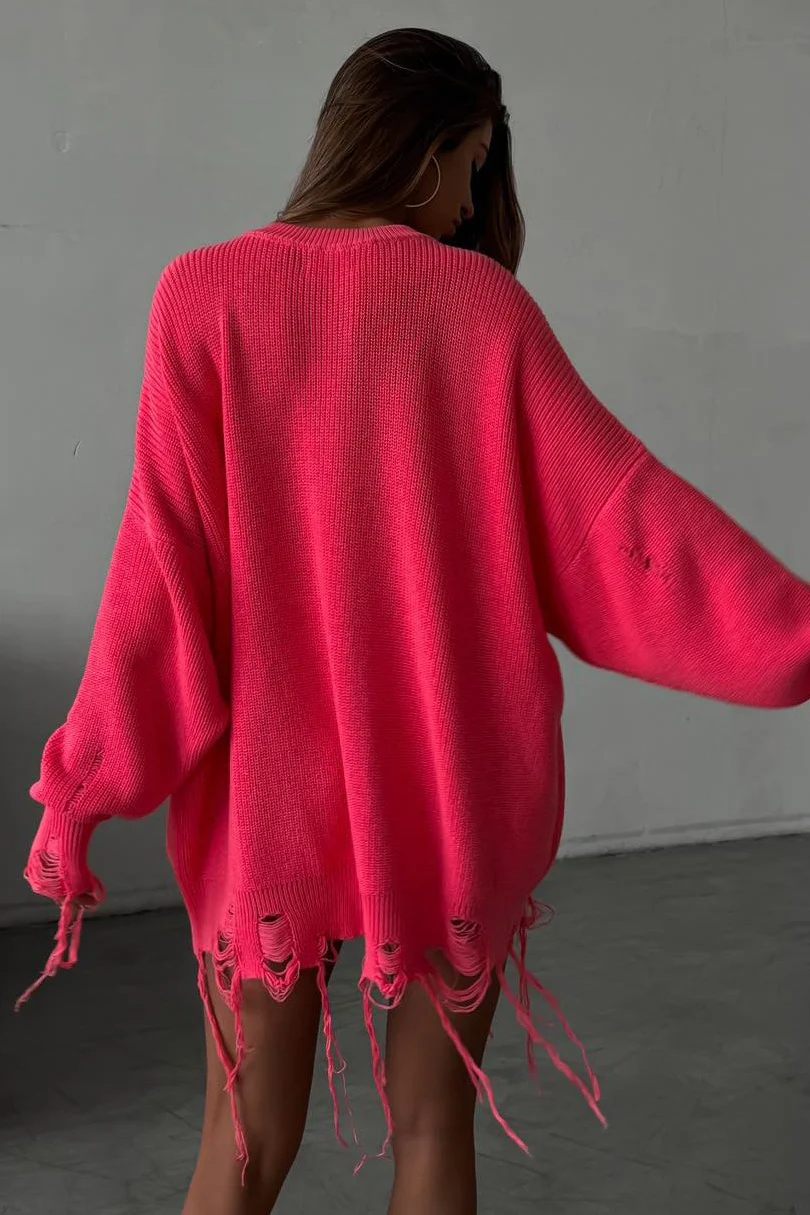 Edgy Ripped Grunge Crew Neck Casual Knit Sweater - Image 3