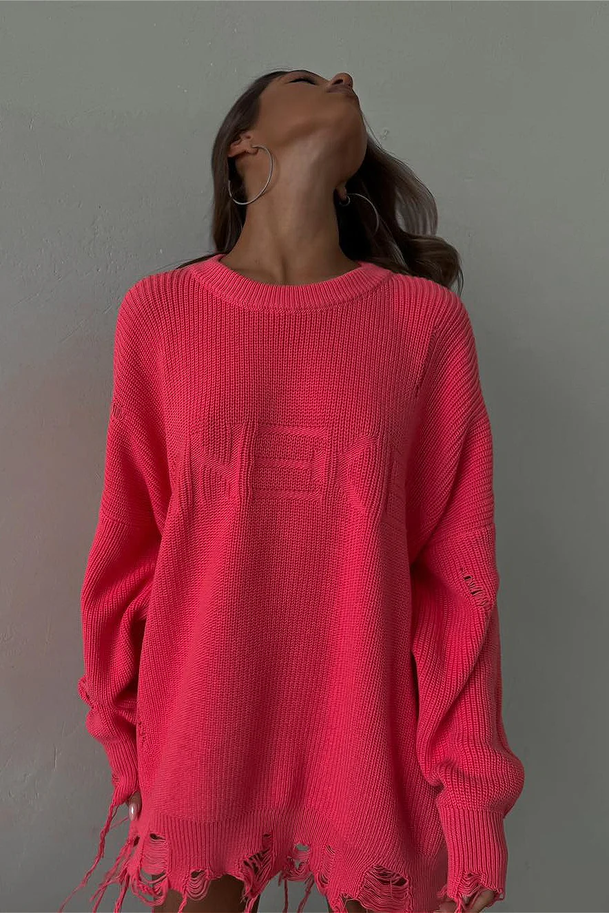 Edgy Ripped Grunge Crew Neck Casual Knit Sweater - Image 4