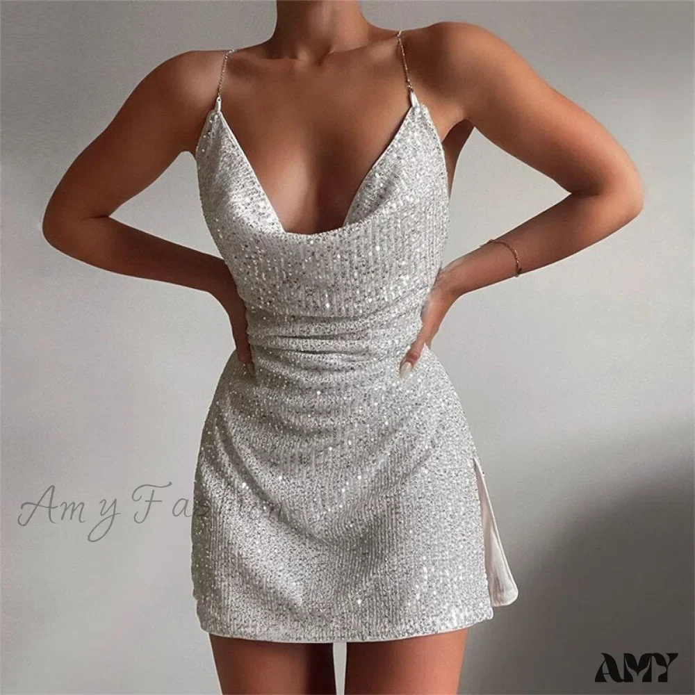 Amy Fashion - Chain Strap Sequin Sleeveless V Neck Backless Split A Line Dress - Image 4