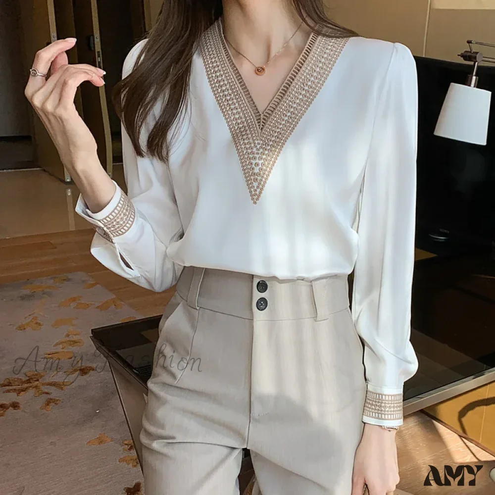 Elegant Chiffons Fashion Casual Loose Long Sleeve Lady Embroidery Tops Blouse - Image 3