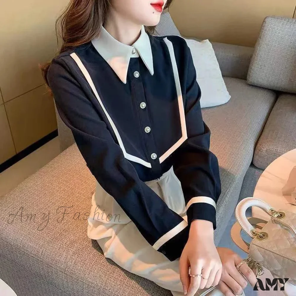 Elegant Corduroy Patchwork Buttons Piping Peaked Spring Fashion Top Blouse - Image 2