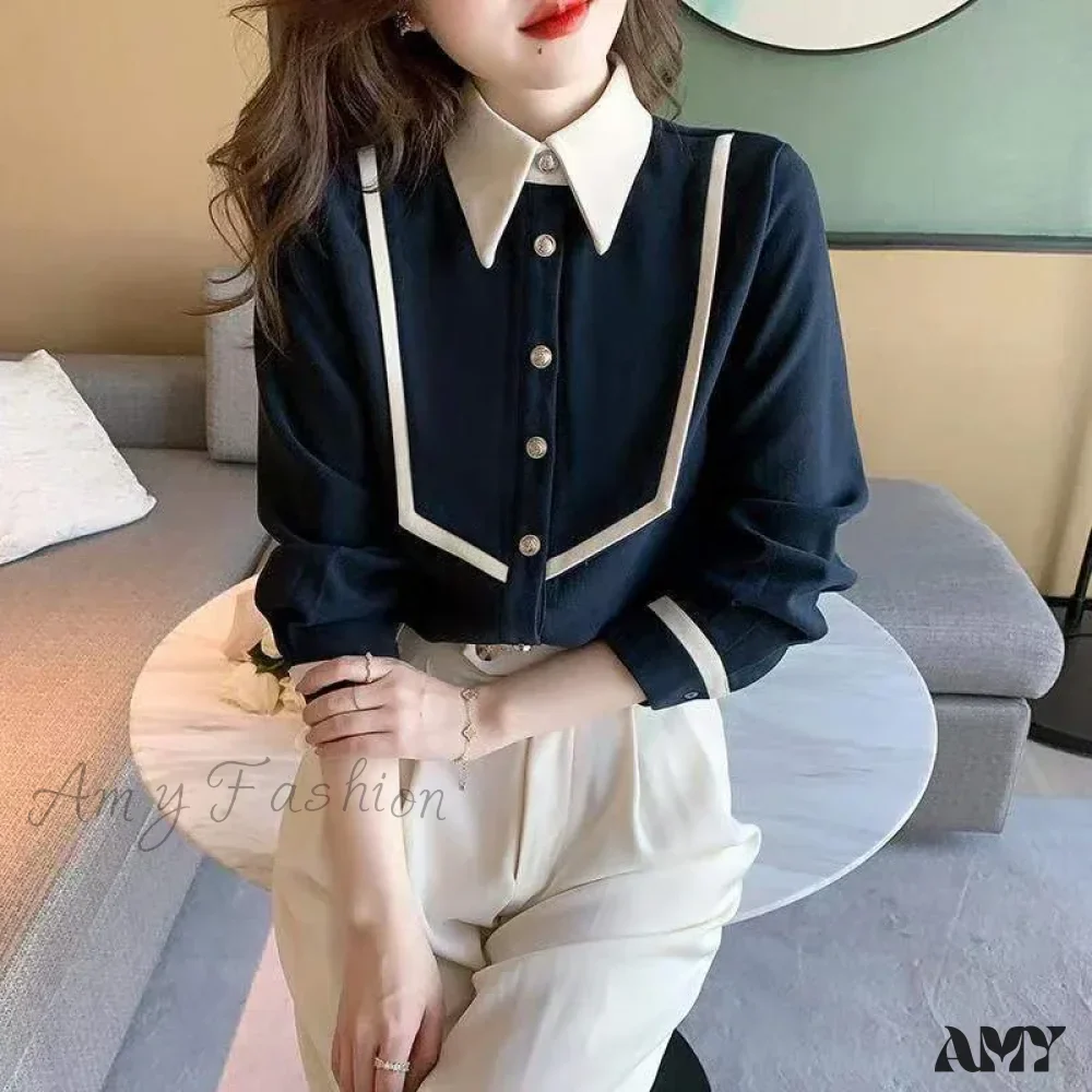 Elegant Corduroy Patchwork Buttons Piping Peaked Spring Fashion Top Blouse - Image 3