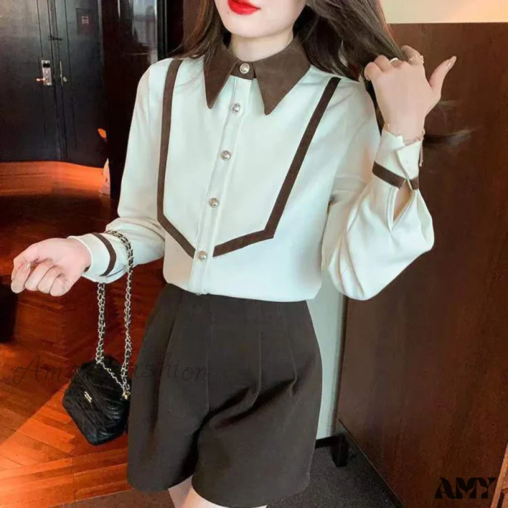 Elegant Corduroy Patchwork Buttons Piping Peaked Spring Fashion Top Blouse - Image 4