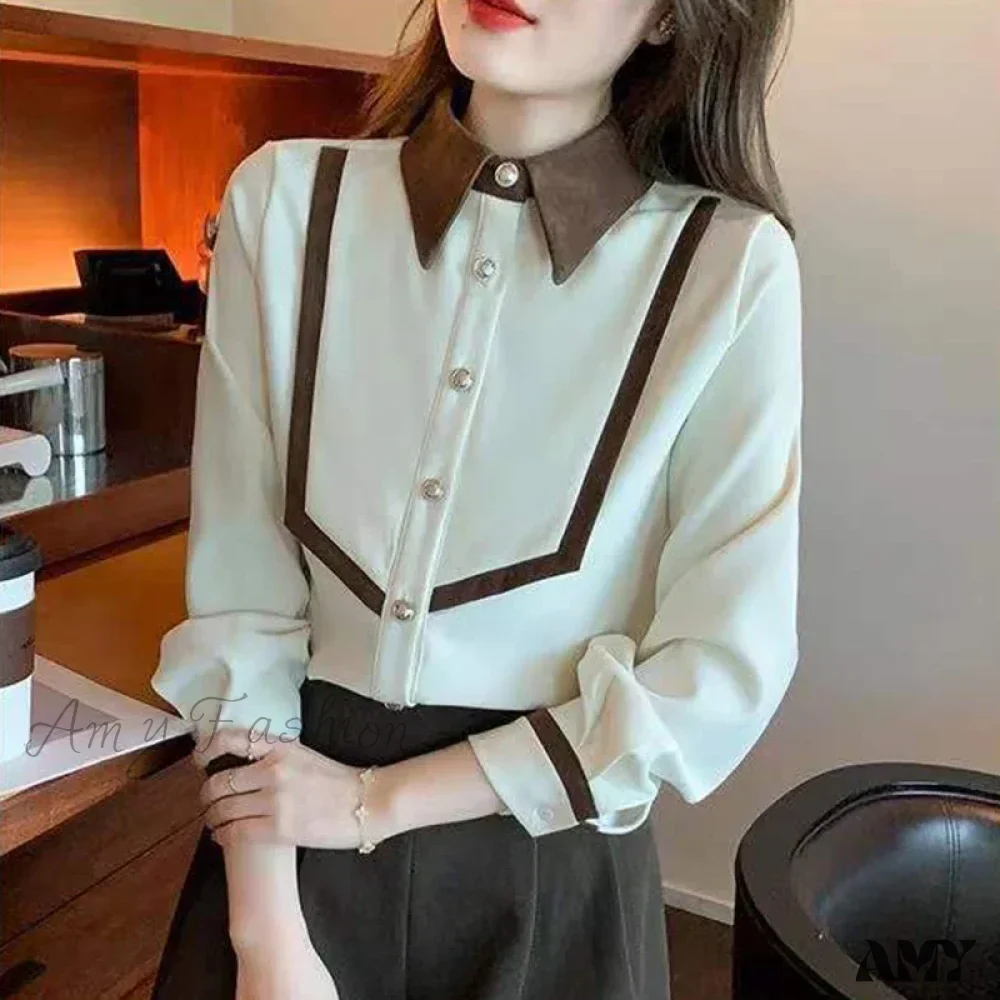 Elegant Corduroy Patchwork Buttons Piping Peaked Spring Fashion Top Blouse - Image 5