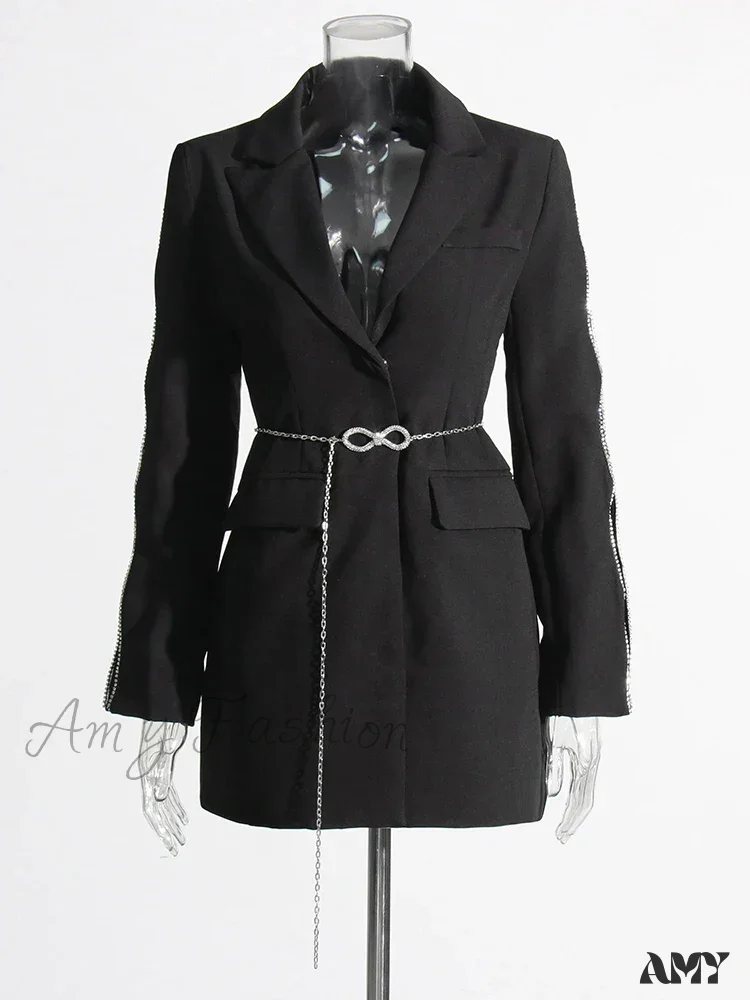 Elegant Deep V Neck Long Sleeve Spliced Chain Solid Slim Patchwork Diamonds Autumn Style Blazer - Image 4