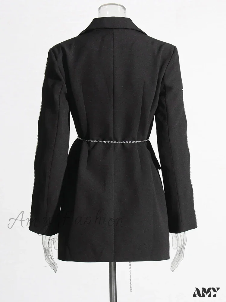 Elegant Deep V Neck Long Sleeve Spliced Chain Solid Slim Patchwork Diamonds Autumn Style Blazer - Image 5