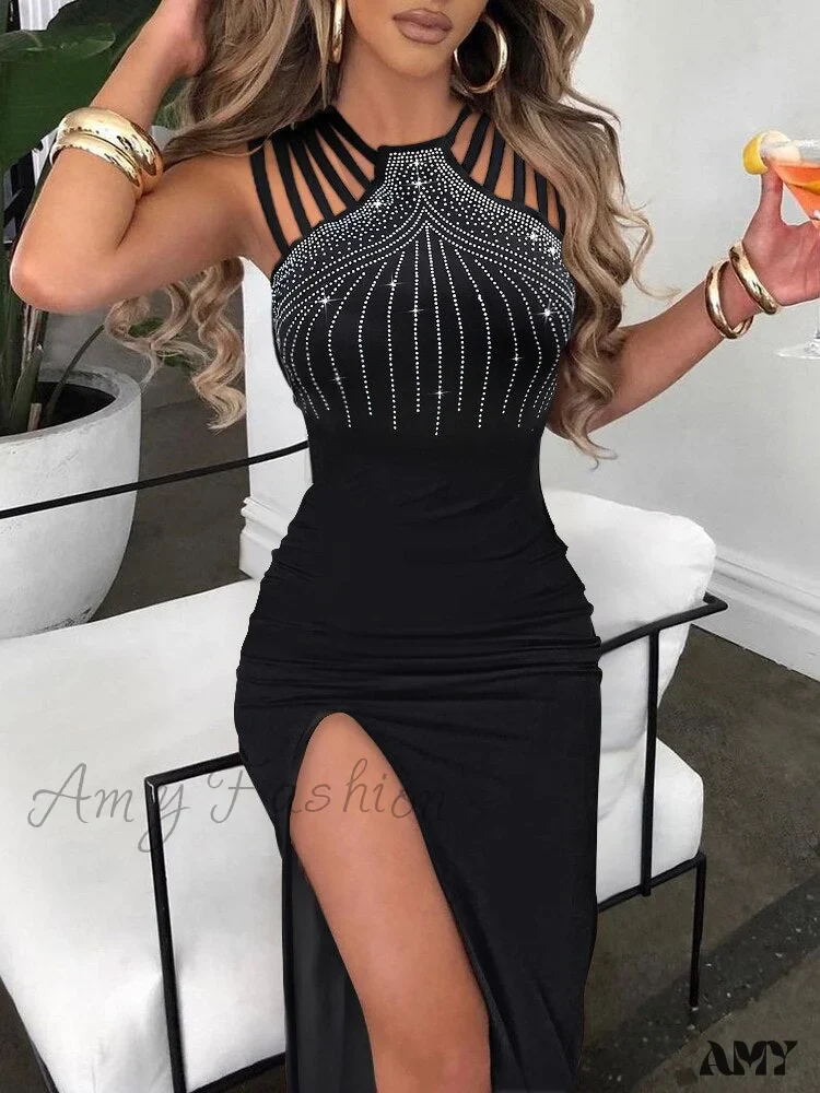 Amy Fashion - Slim Hot Rhinestone Sleeveless Ladies High Slit Bodycon Sexy Dress - Image 3