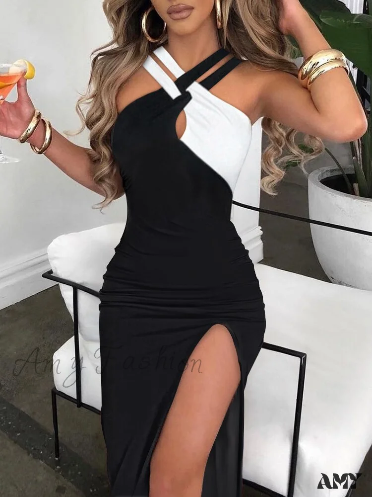 Amy Fashion - Slim Hot Rhinestone Sleeveless Ladies High Slit Bodycon Sexy Dress - Image 4