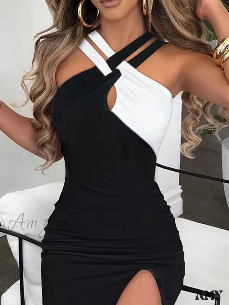 Amy Fashion - Slim Hot Rhinestone Sleeveless Ladies High Slit Bodycon Sexy Dress - Image 5