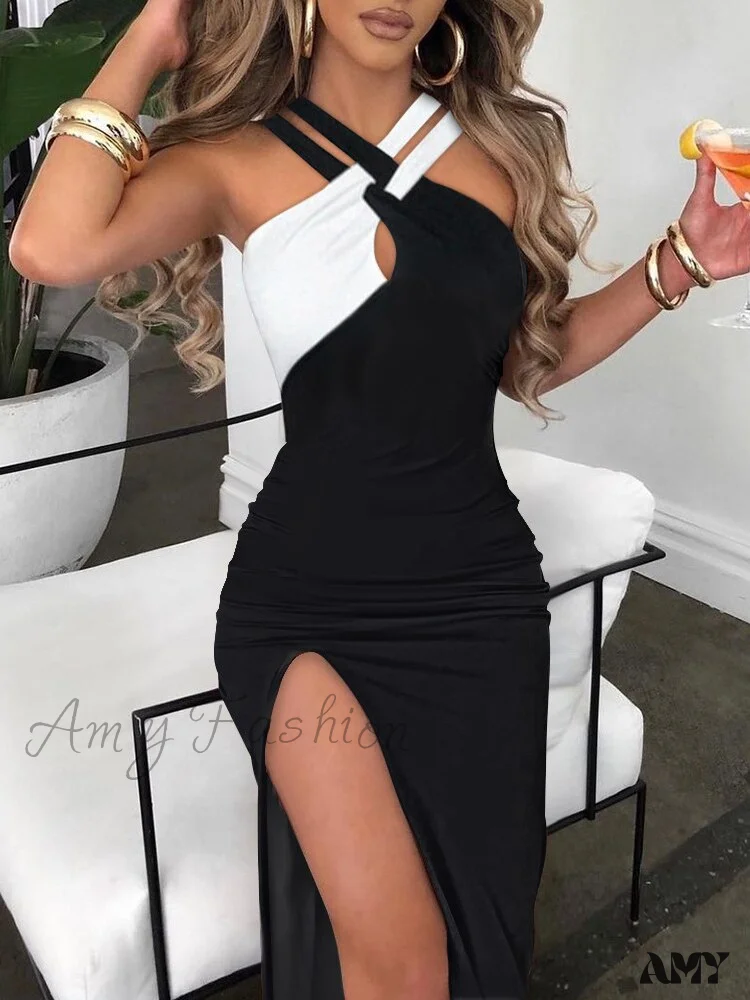 Amy Fashion - Slim Hot Rhinestone Sleeveless Ladies High Slit Bodycon Sexy Dress - Image 6