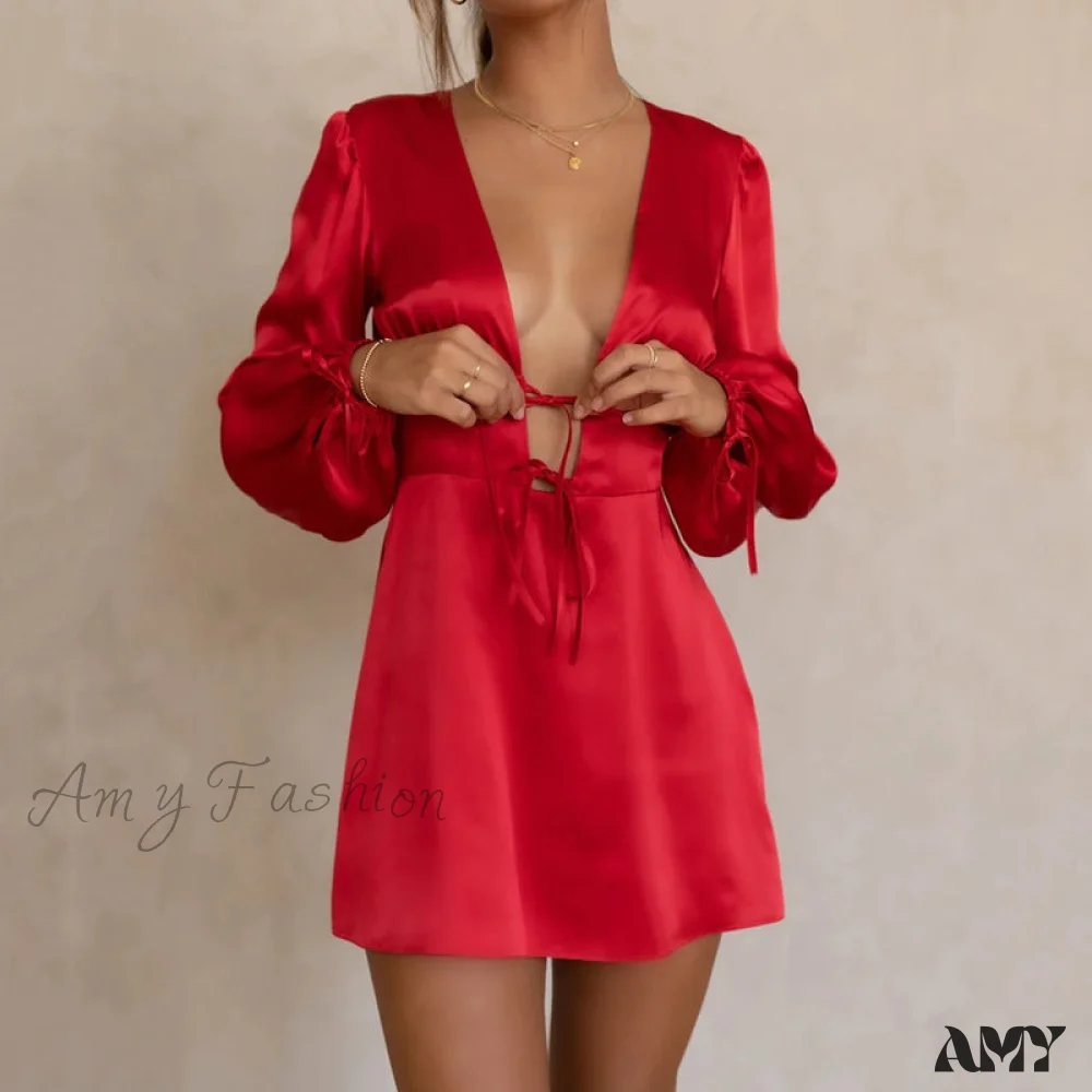 Amy Fashion - Elegant Fashion Puff Long Sleeve Slim Dresses - Image 2