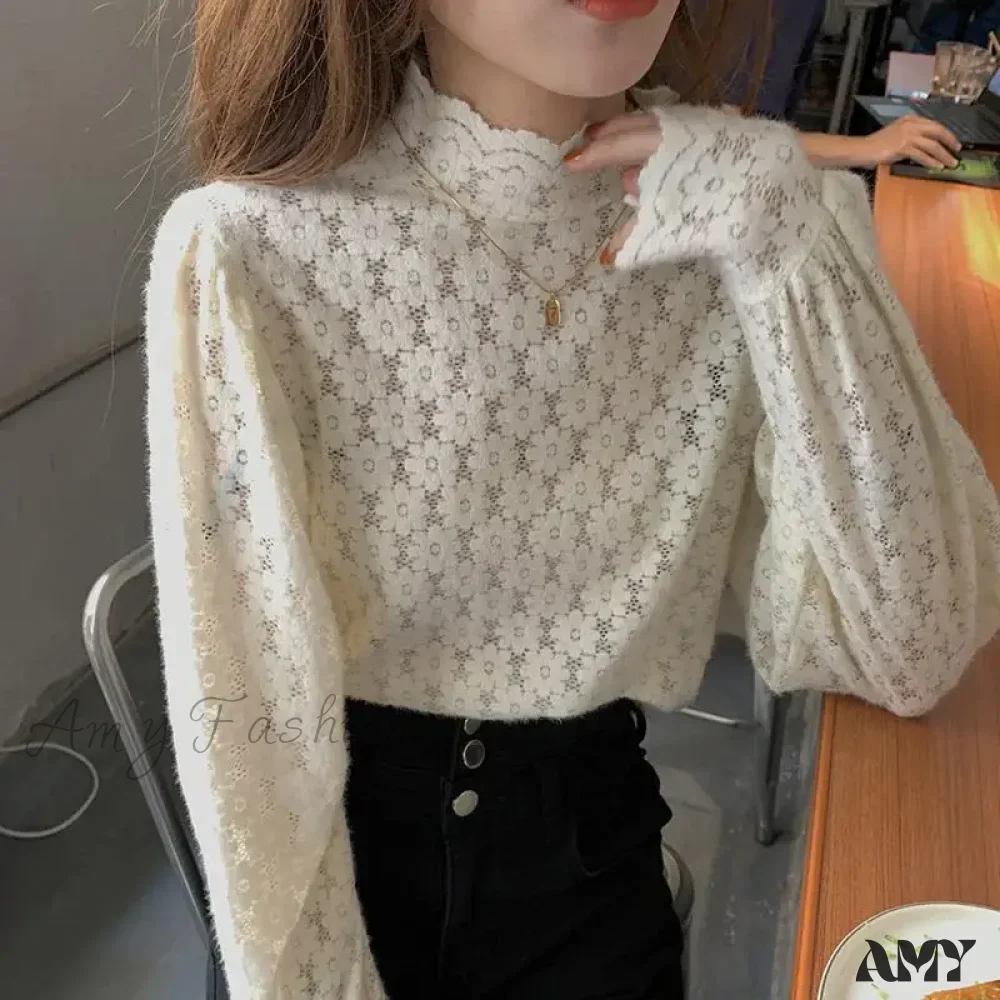Elegant Floral Turtleneck Lace Autumn Long Sleeve Fashion Spring Lady Top Blouse - Image 2