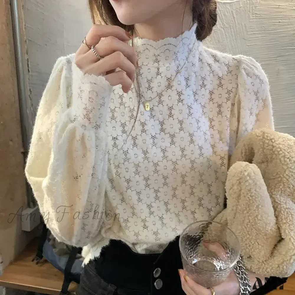 Elegant Floral Turtleneck Lace Autumn Long Sleeve Fashion Spring Lady Top Blouse - Image 3