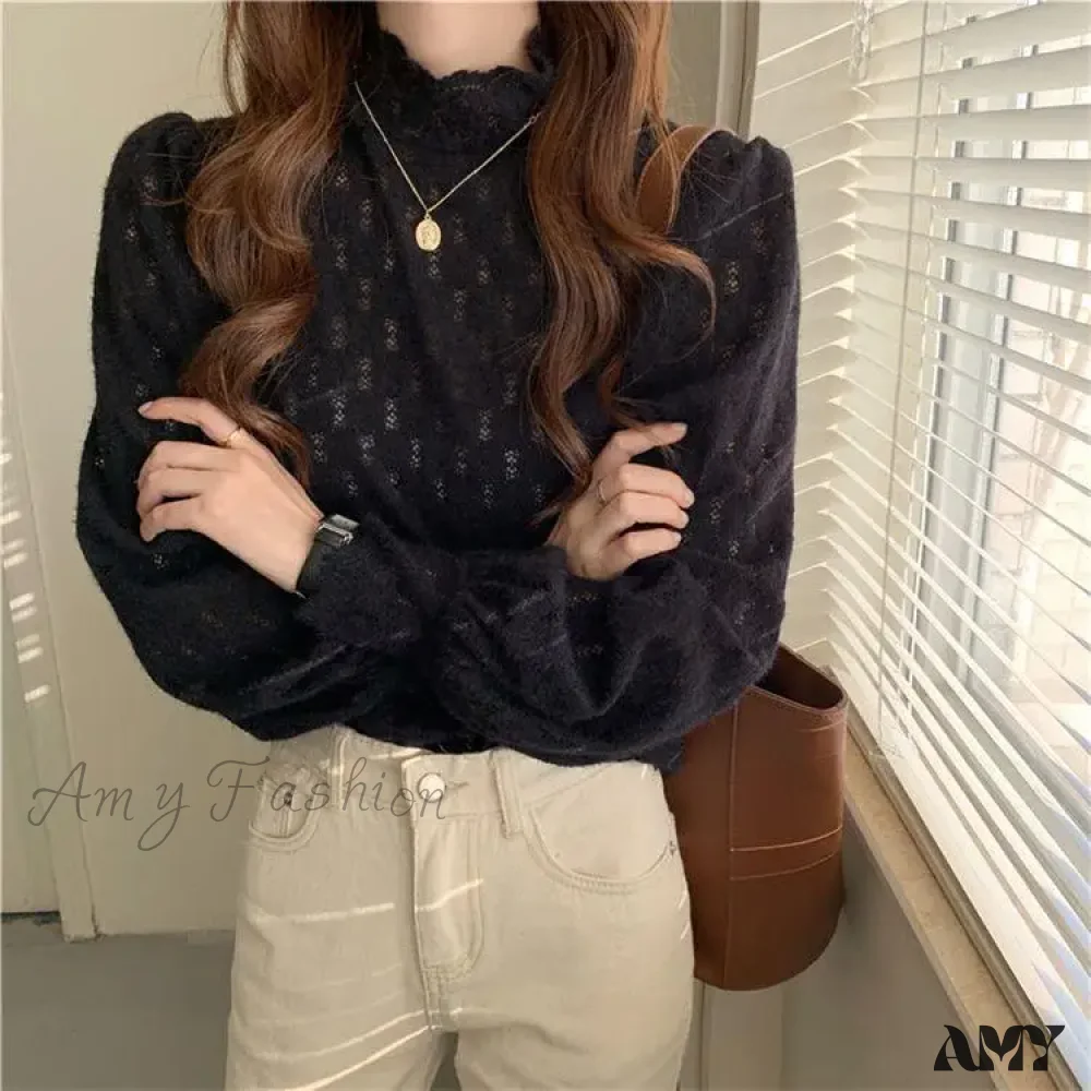 Elegant Floral Turtleneck Lace Autumn Long Sleeve Fashion Spring Lady Top Blouse - Image 5