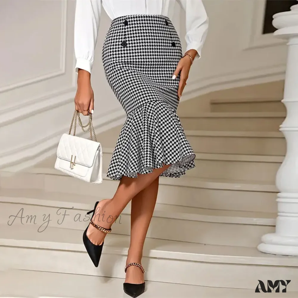 Elegant Houndstooth Printed Knee Length Fashion High Waist Slim Skirt - Image 2