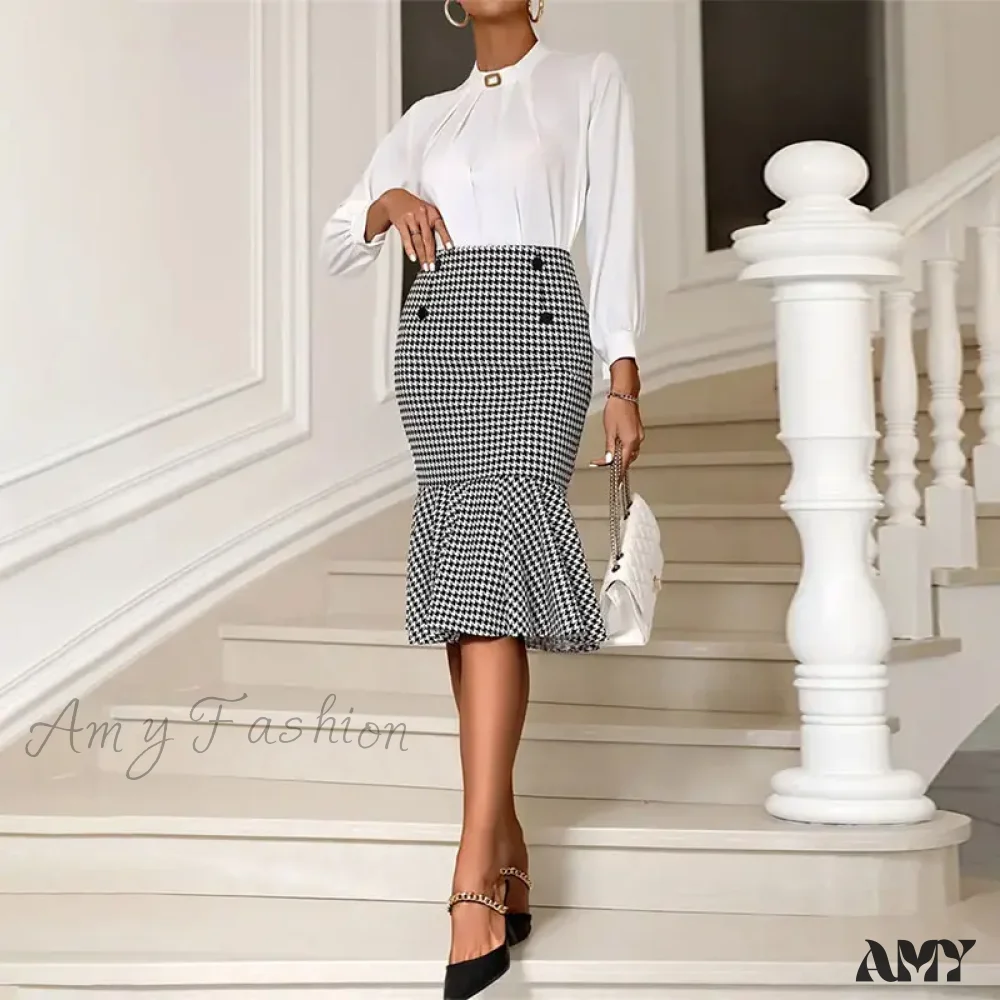 Elegant Houndstooth Printed Knee Length Fashion High Waist Slim Skirt - Image 3