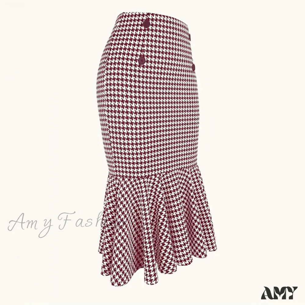 Elegant Houndstooth Printed Knee Length Fashion High Waist Slim Skirt - Image 5