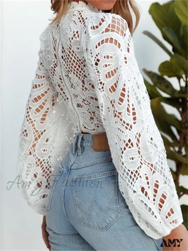 Elegant Lace Crochet Hollow Out Turtleneck Stylish Blouse - Image 3