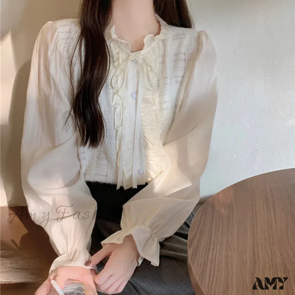 Elegant Lace Trim O-Neck Fall Sweet Cute Blouse - Image 2