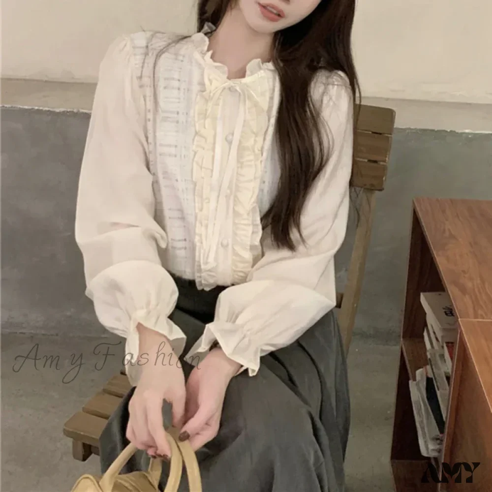 Elegant Lace Trim O-Neck Fall Sweet Cute Blouse - Image 3